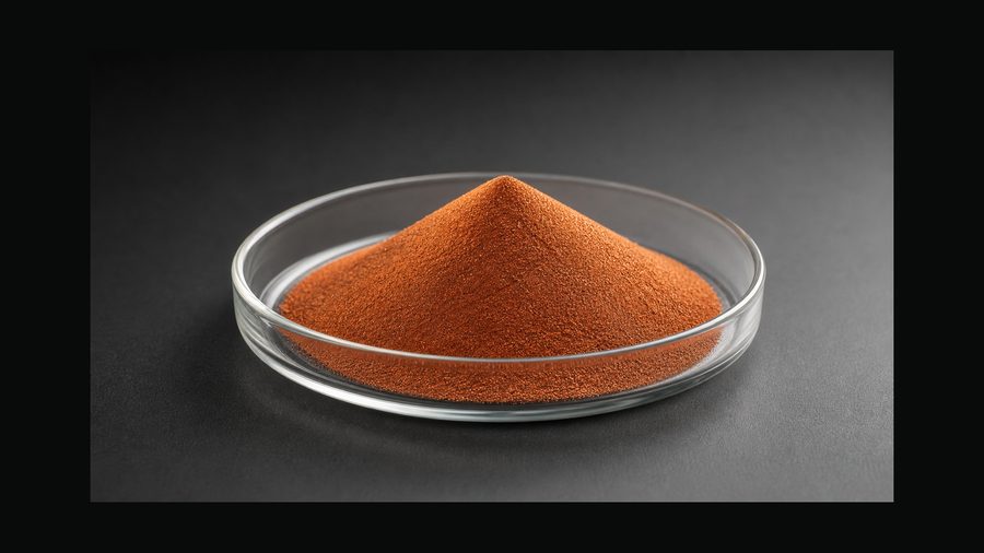 Copper powder sample in laboratory glass dish