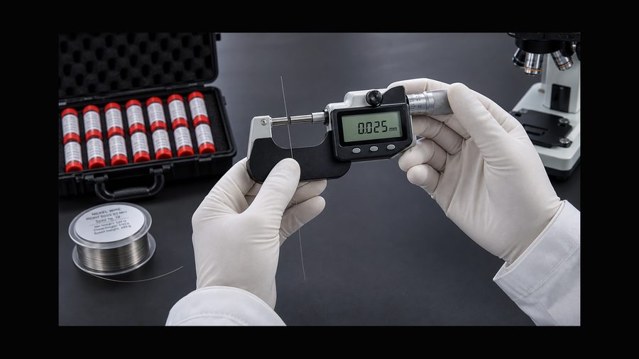 Nickel wire diameter measurement with micrometer